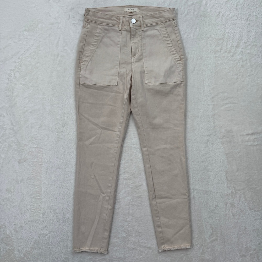Loft Pants Womens 0P Beige Utility Slim High Rise Raw HemFrayed Stretch